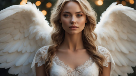 An attractive female angel, with large white wings behind her backの素材