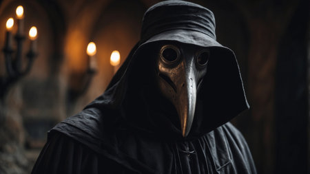 Portrait of a plague doctor in a mask and dark cloak standing in a dimly lit stone roomの素材