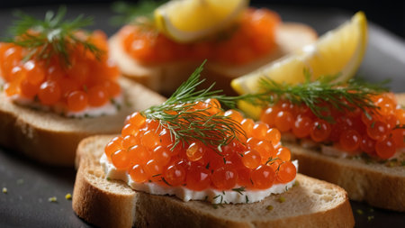 Red salmon caviar on toast, with dill and lemon wedgesの素材