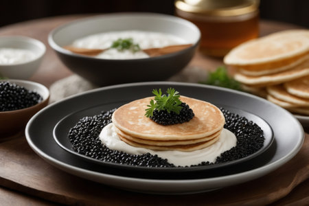 Beluga caviar with pancakes and sour creamの素材