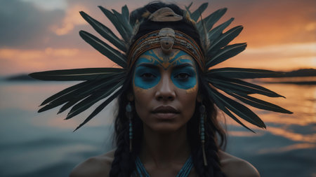 Portrait of an Amazonian woman against a river at sunsetの素材