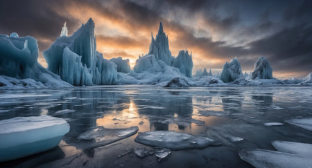 An icy landscape with towering ice spires and floating ice floesの素材