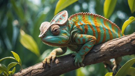 Colorful chameleon on a tree branchの素材