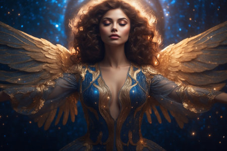 Portrait of a woman with celestial wings and a luminous ethereal glowの素材
