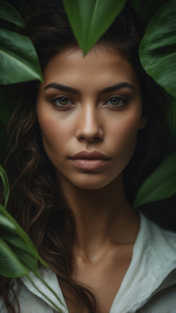 A beautiful woman among lush green foliageの素材