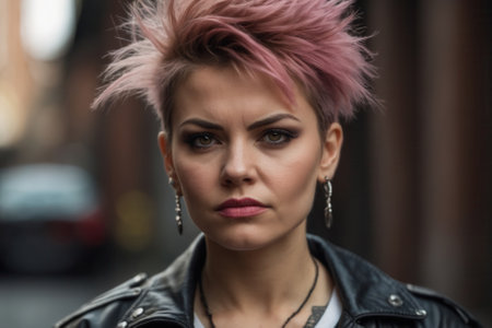 Punk 80's style female portrait with a defiant facial expressionの素材