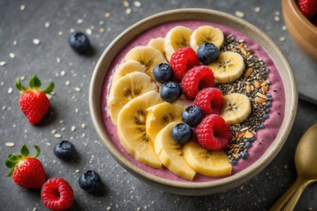 A brightly colored smoothie with sliced bananas and fresh berries, top viewの素材