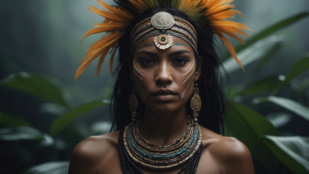 A beautiful girl from an Amazonian tribe in the jungleの素材