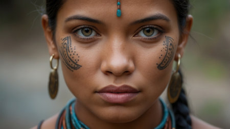 Amazon woman with piercing eyes, close-up portraitの素材