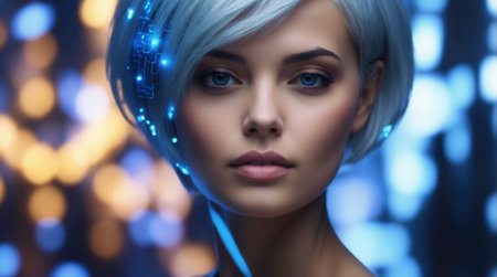 Futuristic portrait of a beautiful young woman with blue hairの素材