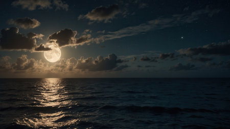 Beautiful seascape with full moon and clouds at nightの素材