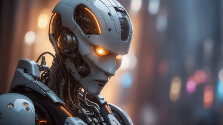Portrait of a robot from the future with glowing eyesの素材