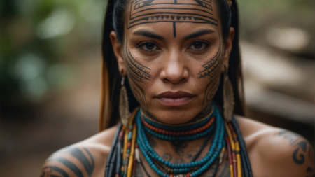 Close-up portrait of an Amazonian tribal woman with facial tattoosの素材