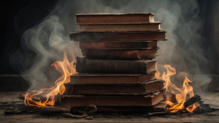 A stack of burning old books close-upの素材