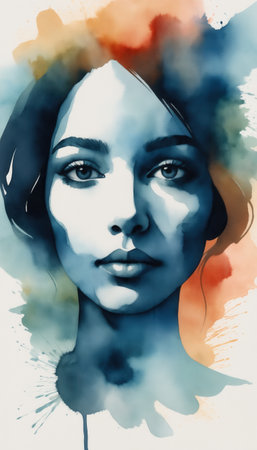 Portrait of a beautiful woman, watercolor painting on canvasの素材