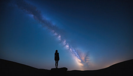 Silhouette of a young woman standing on a rock and looking at a beautiful night skyの素材