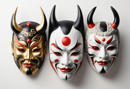 Three colorful masks with horns on a white backgroundの素材