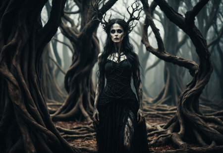 A dark gothic woman in an enchanted forestの素材