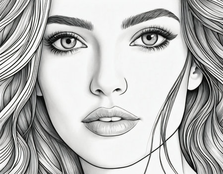 Portrait of a beautiful woman with long hair. Drawn illustrationの素材