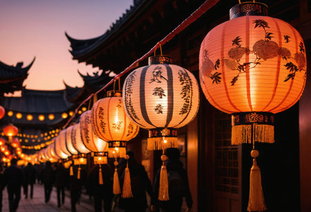 Traditional Chinese lanterns illuminating the streets at duskの素材