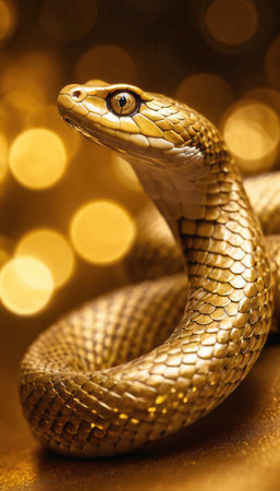 Golden snake on gold background with bokeh lightsの素材