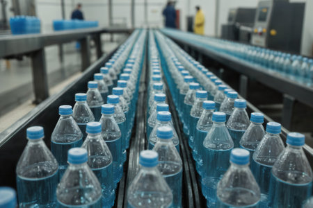 Plastic bottles on a conveyor belt in a modern factoryの素材