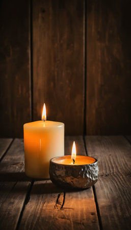 Burning candles on a wooden background. Shallow depth of fieldの素材