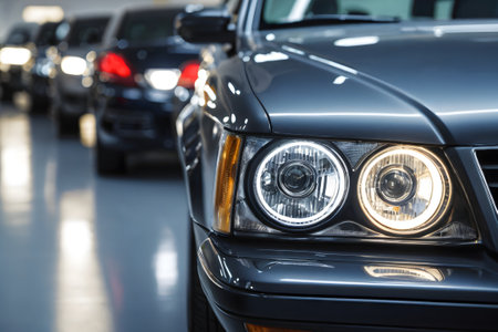 Close up view of a modern luxury car in the parking lotの素材