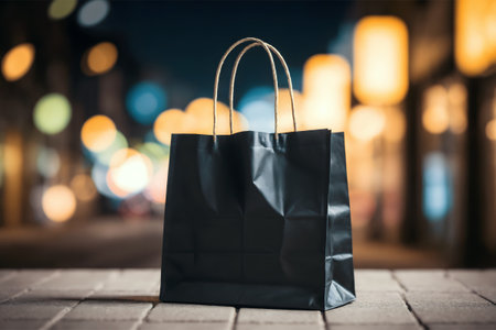 Black paper shopping bag on the city street at night. Shopping conceptの素材
