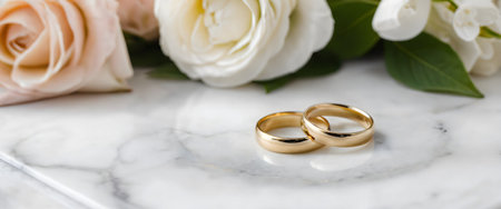 Wedding rings on white marble table, closeup. Marriage conceptの素材