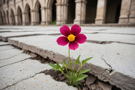 Flower in the middle of the walkway with old castle backgroundの素材