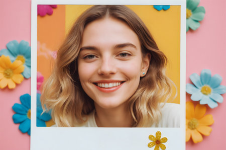 Instant photo of a smiling young girl on a pink background with flowersの素材
