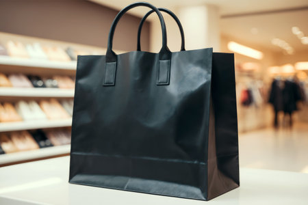 Black paper bag on the shelf in the store. Shopping conceptの素材