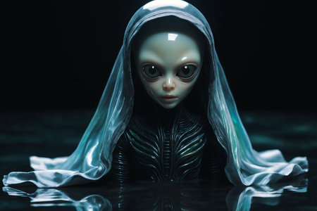 Close-up of a mysterious alien creature with a white cloth on its head on a black backgroundの素材
