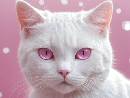 Portrait of a white cat with pink eyes on a pink backgroundの素材