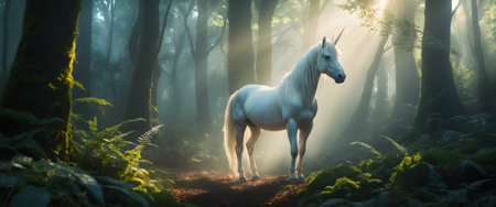 Beautiful fairytale white unicorn in a magical forest at sunriseの素材
