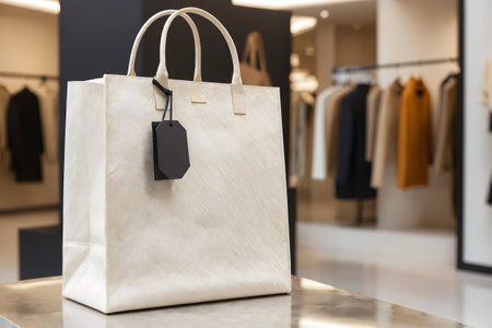 Elegant Beige Tote Bag in a Chic Boutiqueの素材