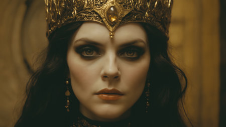 Portrait of a beautiful medieval queen with golden crown on her headの素材