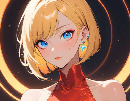 Beautiful blonde girl in a red dressの素材