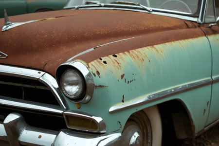 Detail of the front of an old rusty american car.の素材