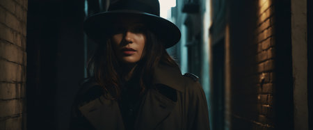 stylish woman in hat and trench coat looking at camera in cityの素材