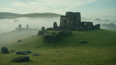 Panoramic view of the ruins of the old castle in the morning mistの素材