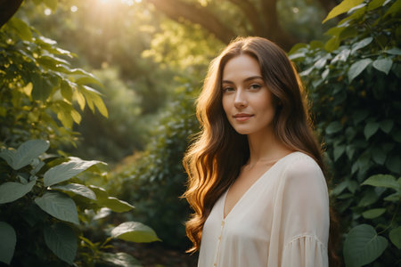 Portrait of a beautiful young woman with long hair in the park.の素材