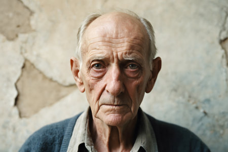 Portrait of an elderly man with grey hair against a wall.の素材