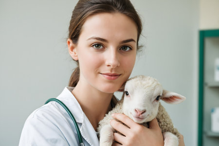 Portrait of a female veterinarian holding a lamb in a veterinary clinicの素材