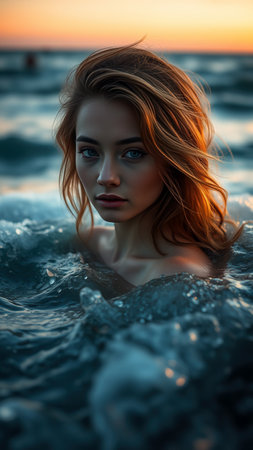 Portrait of a beautiful girl with red hair in the sea.の素材