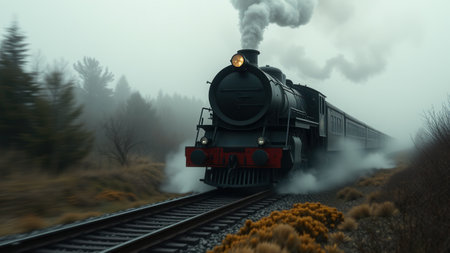 A steam locomotive in a foggy forestの素材