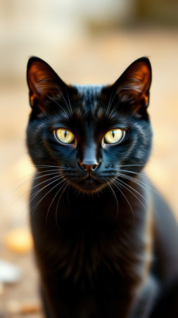 Portrait of a black cat with yellow eyes on a blurred backgroundの素材