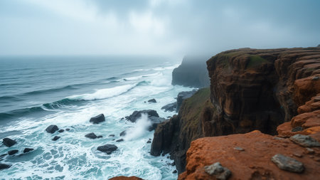 A high rocky shore on an overcast foggy dayの素材