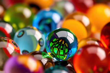 Colorful glass marbles background. Macro shot. Selective focusの素材